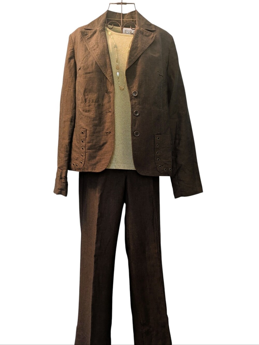 Linen Blend 3 Piece Brown Vintage Suit With Metallic Details And FREE Tank Top